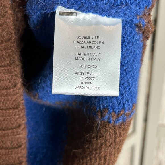 La Double Ja Vest Sweater Sz M Argyle Sleeveless Brown Blue Made in Italy - Picture 5 of 9